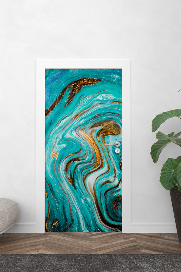 sınıf, kapı, giydirme, tasarım Turkuaz ve Altın Akışkan Desenli Modern Kapı Giydirme 9880