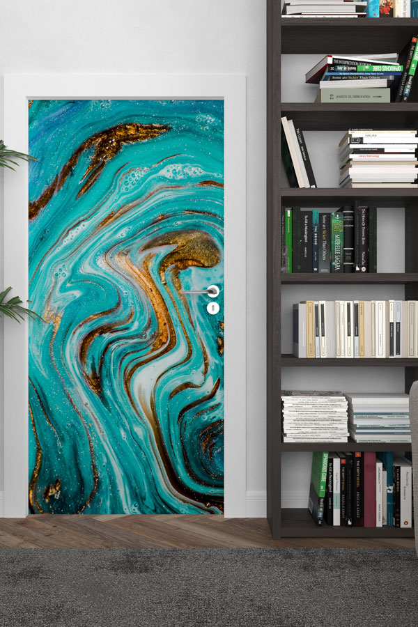 sınıf,kapı,giydirme,tasarım Turkuaz ve Altın Akışkan Desenli Modern Kapı Giydirme 9880
