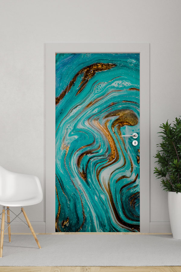 school,class,door,decoration Turkuaz ve Altın Akışkan Desenli Modern Kapı Giydirme 9880