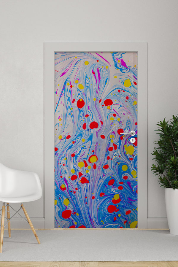 Renk Damlacıklı Ebru Esintili Soyut Kapı Giydirme 9881