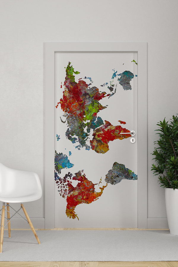 Soyut Renkli Dünya Haritası Kapı Giydirme - Modern Okul Dekoru 8804