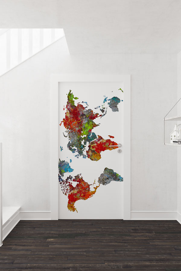 Soyut Renkli Dünya Haritası Kapı Giydirme - Modern Okul Dekoru 8804