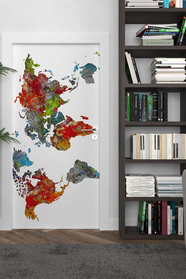 Soyut Renkli Dünya Haritası Kapı Giydirme - Modern Okul Dekoru 8804
