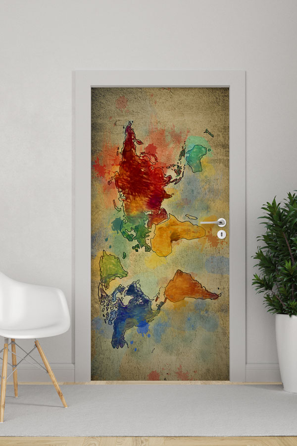 Suluboya Efektli Dünya Haritası Kapı Giydirme - Sanatsal Coğrafya Dekoru 8805