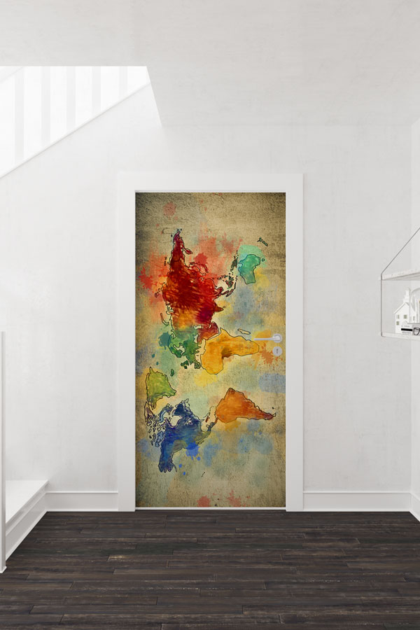 Suluboya Efektli Dünya Haritası Kapı Giydirme - Sanatsal Coğrafya Dekoru 8805