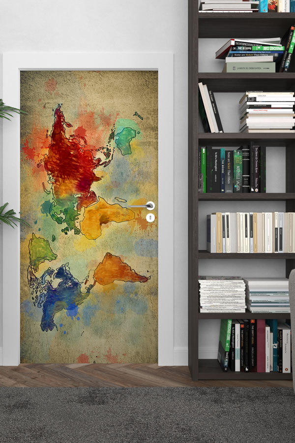 Suluboya Efektli Dünya Haritası Kapı Giydirme - Sanatsal Coğrafya Dekoru 8805