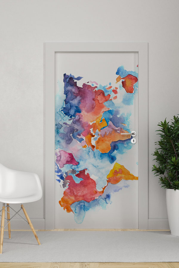 Suluboya Sanat Dünya Haritası Kapı Giydirme - Canlı Renkli Okul Dekoru 8806