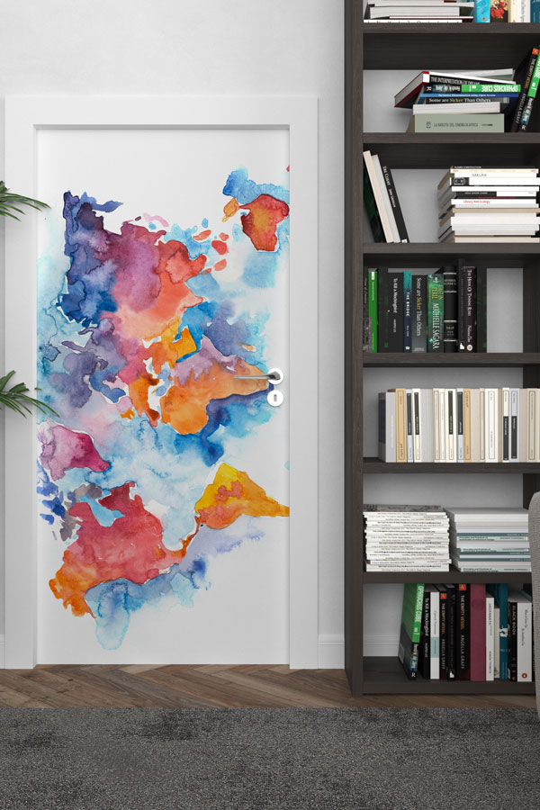 Suluboya Sanat Dünya Haritası Kapı Giydirme - Canlı Renkli Okul Dekoru 8806