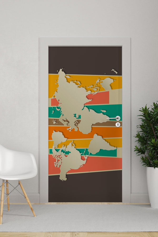Retro Çizgili Dünya Haritası Kapı Giydirme - Modern Coğrafya Dekoru 8819