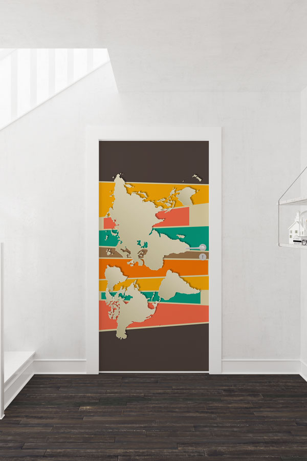 Retro Çizgili Dünya Haritası Kapı Giydirme - Modern Coğrafya Dekoru 8819