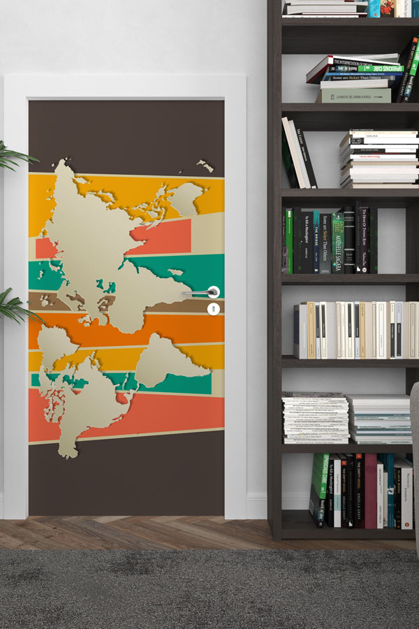 Retro Çizgili Dünya Haritası Kapı Giydirme - Modern Coğrafya Dekoru 8819