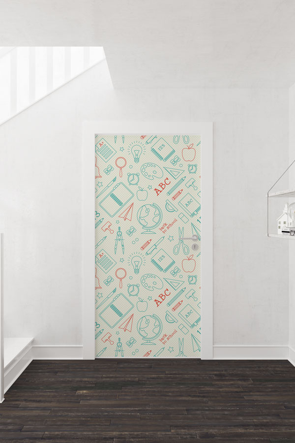 school-class-door-design-9185-01 "Okul Malzemeleri Desenli" Kapı Giydirme 9185