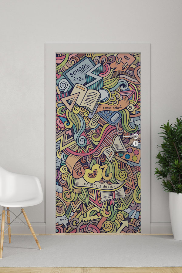 "Eğitim Temalı Soyut Doodle Desenli" Kapı Giydirme 9197