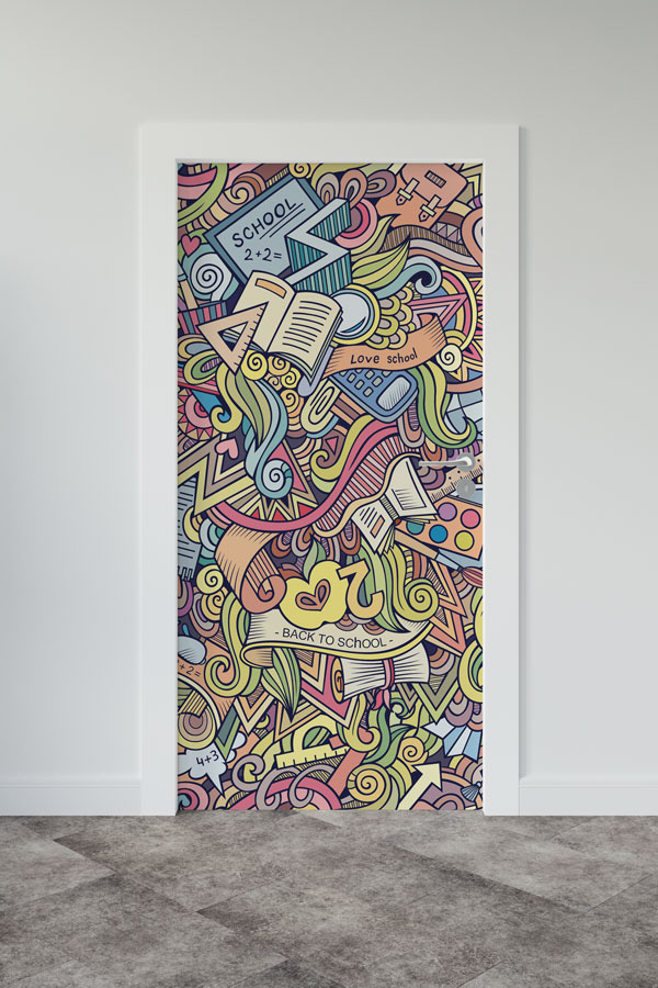 "Eğitim Temalı Soyut Doodle Desenli" Kapı Giydirme 9197