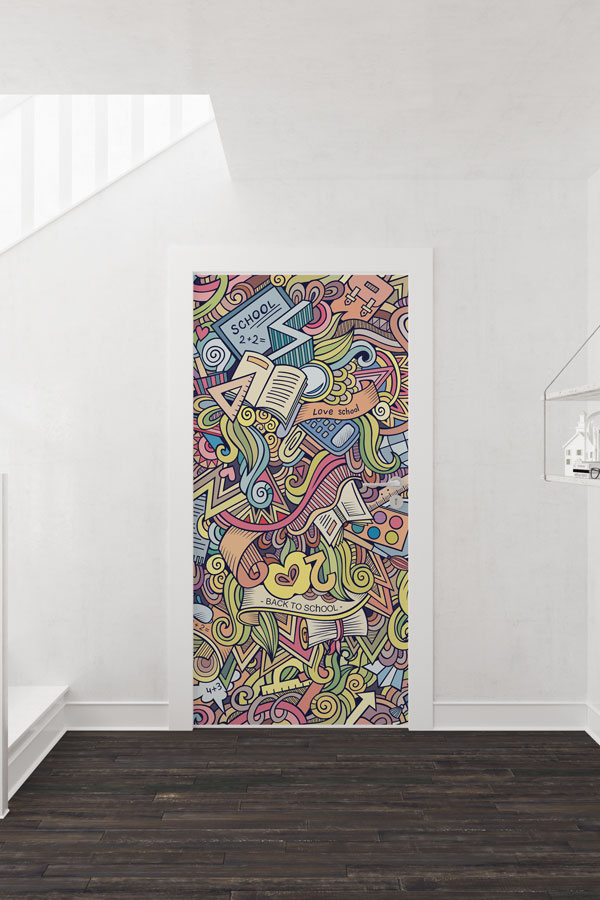 "Eğitim Temalı Soyut Doodle Desenli" Kapı Giydirme 9197