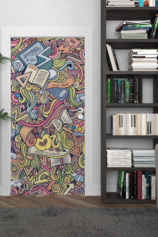 "Eğitim Temalı Soyut Doodle Desenli" Kapı Giydirme 9197