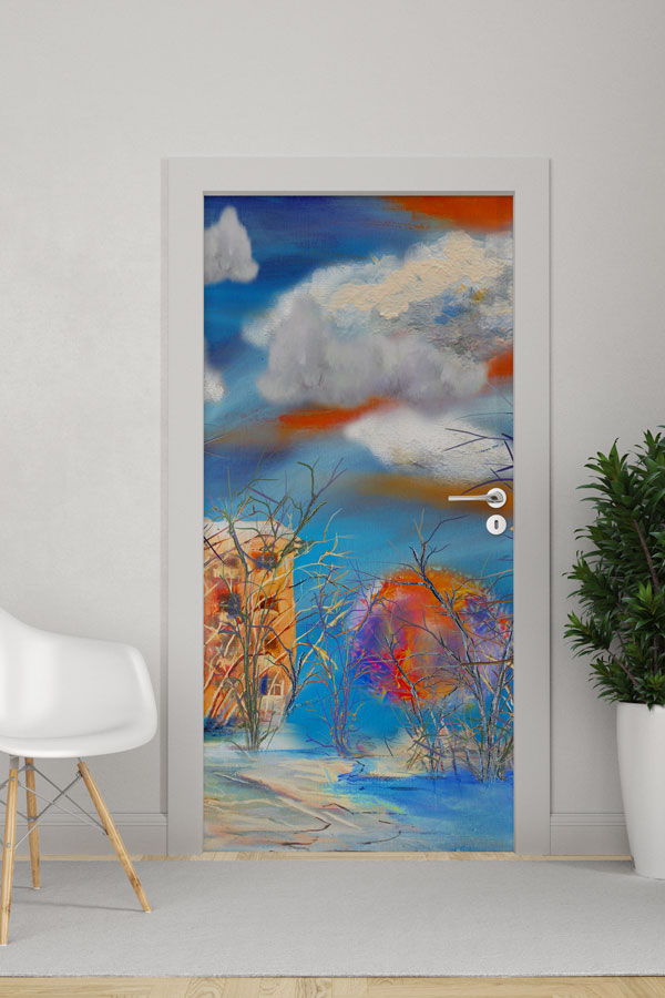 Soyut Kış Manzaralı Sanatsal Kapı Giydirme Tasarımı 9279