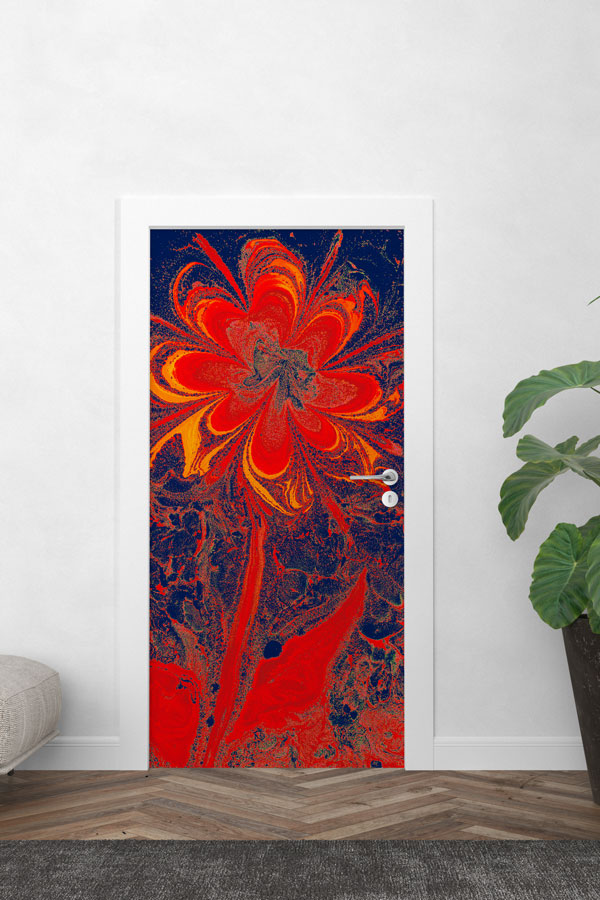 Kırmızı Çiçek Etkili Akışkan Soyut Sanat Kapı Giydirme 9883