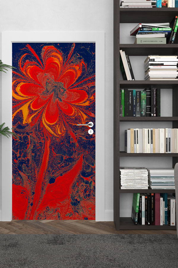 Kırmızı Çiçek Etkili Akışkan Soyut Sanat Kapı Giydirme 9883