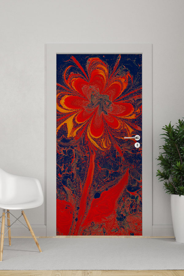 Kırmızı Çiçek Etkili Akışkan Soyut Sanat Kapı Giydirme 9883