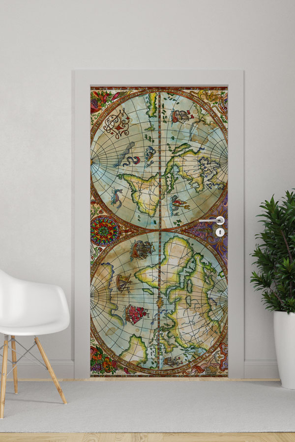 Antik Detaylı Dünya Haritası Kapı Giydirme - Tarihi Coğrafya Sınıfı 8801