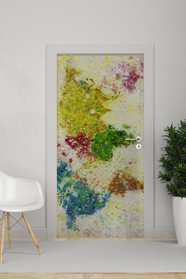 Sıçrama Boyalı Dünya Haritası Kapı Giydirme - Modern Sanat Dekoru 8808
