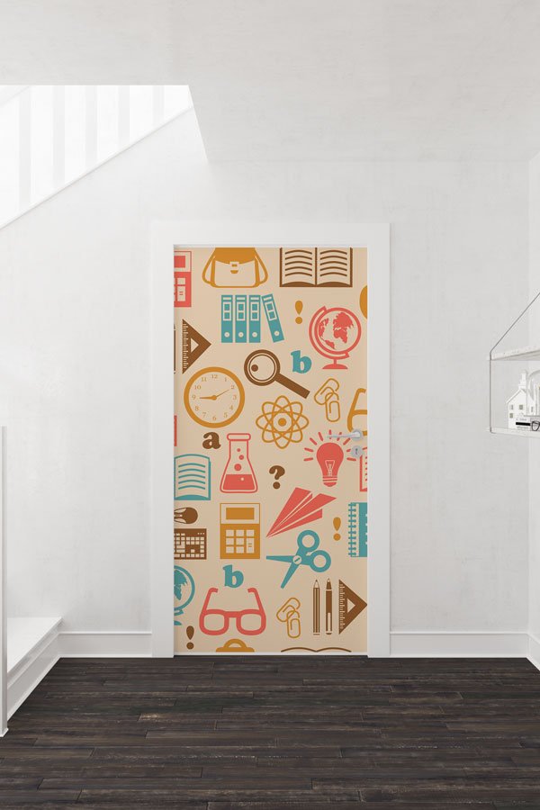 school-class-door-print-9201-01 "Eğitim ve Bilgi Temalı İkon Desenli" Kapı Giydirme 9201