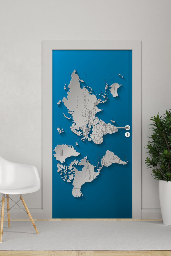 3D Gölge Efektli Dünya Haritası Kapı Giydirme - Modern Coğrafya Dekoru 8817