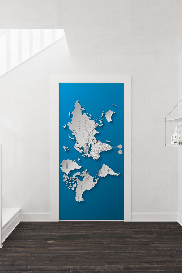 3D Gölge Efektli Dünya Haritası Kapı Giydirme - Modern Coğrafya Dekoru 8817