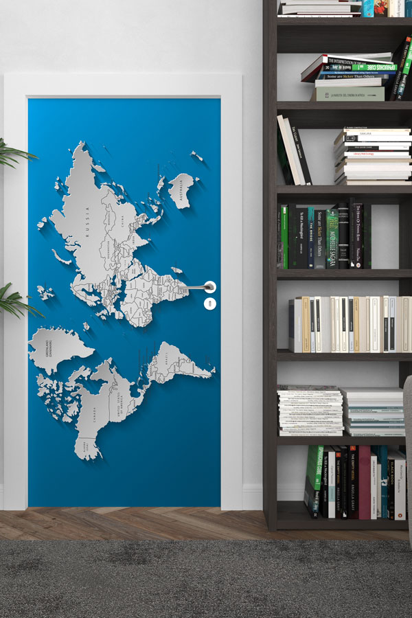 3D Gölge Efektli Dünya Haritası Kapı Giydirme - Modern Coğrafya Dekoru 8817
