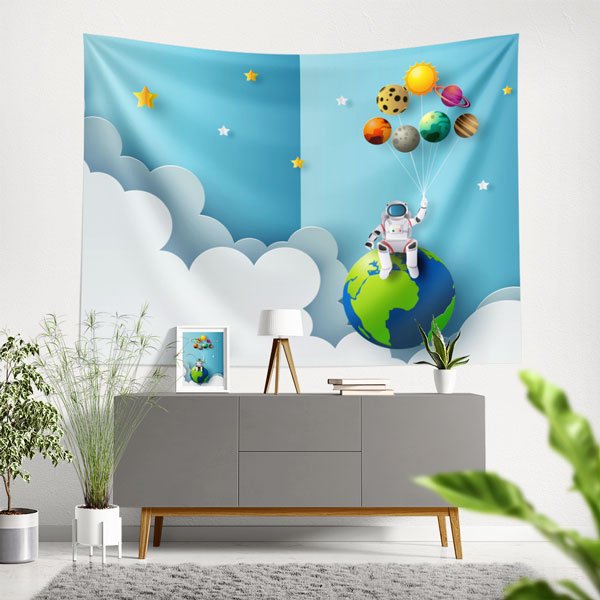 Kağıt Kesim Stili Uzay ve Astronot Duvar Örtüsü - Çocuklar ve Gençler İçin 10356