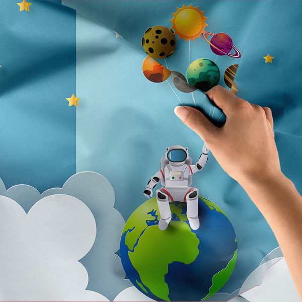 Kağıt Kesim Stili Uzay ve Astronot Duvar Örtüsü - Çocuklar ve Gençler İçin 10356