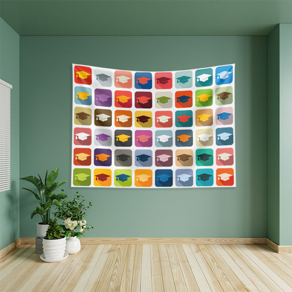 school-class-wall-art-8350-02 Renkli Mezuniyet Şapkası İkonları Duvar Örtüsü 8350