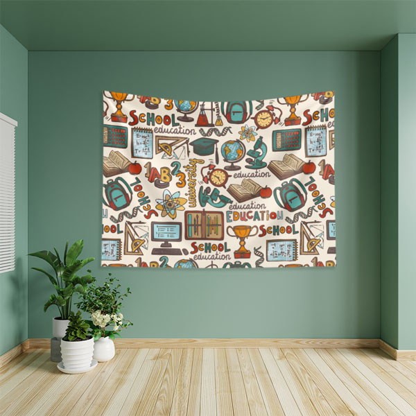 Eğitim Temalı Çizimler ve Bilgi İkonları Duvar Örtüsü 8353