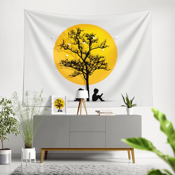 Okuyan Çocuk ve Hayal Ağacı Silüeti Duvar Örtüsü 8354