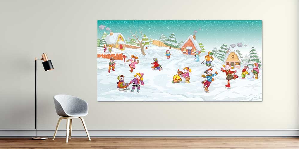 Karlı bir kış gününde neşeyle oynayan çocukları betimleyen 10192