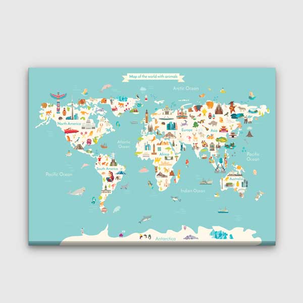 school-class-wall-decor-10370-00 Hayvanlı ve Kültürel İkonlu Çocuk Dünya Haritası Tablosu - Eğitici Sınıf Dekoru – 10370