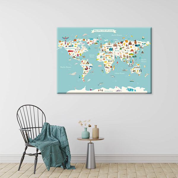 Hayvanlı ve Kültürel İkonlu Çocuk Dünya Haritası Tablosu - Eğitici Sınıf Dekoru – 10370