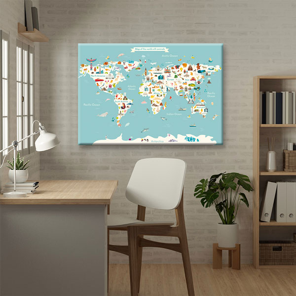 Hayvanlı ve Kültürel İkonlu Çocuk Dünya Haritası Tablosu - Eğitici Sınıf Dekoru – 10370
