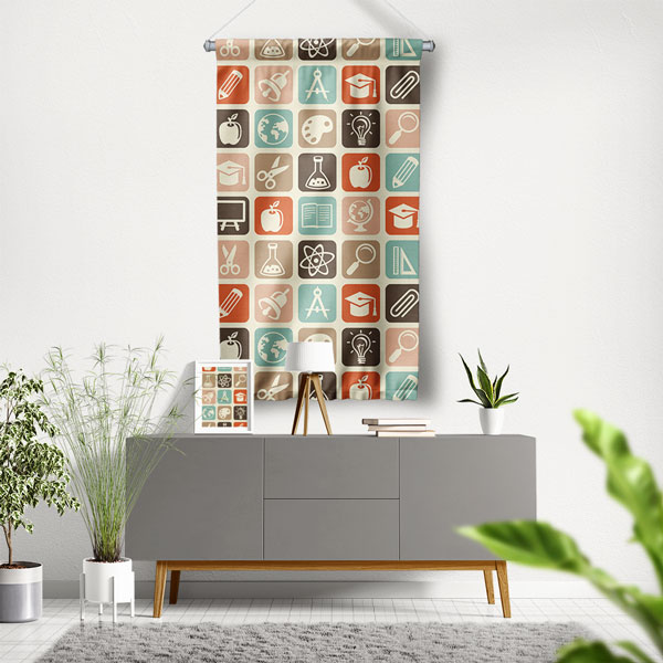 İlham Verici Eğitim İkonları Temalı Duvar Flaması - Kumaş Baskı 8111