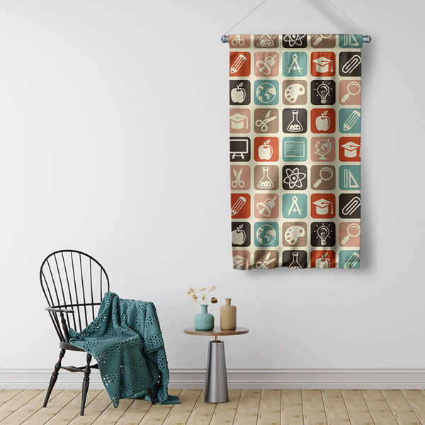 İlham Verici Eğitim İkonları Temalı Duvar Flaması - Kumaş Baskı 8111