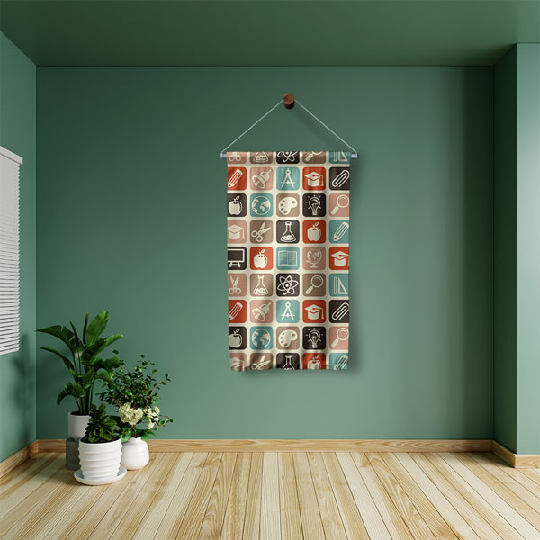 İlham Verici Eğitim İkonları Temalı Duvar Flaması - Kumaş Baskı 8111