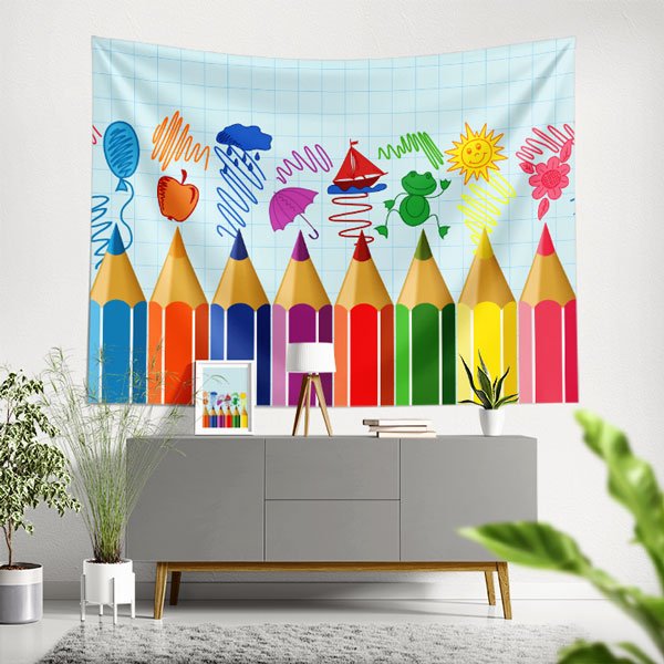 school-class-wall-decor-8341-00 Renkli Boya Kalemleri ve Çocuk Çizimleri Duvar Örtüsü 8341
