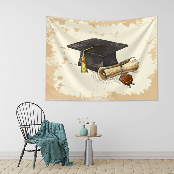 Mezuniyet Şapkası ve Diploma Temalı Vintage Duvar Örtüsü 8343