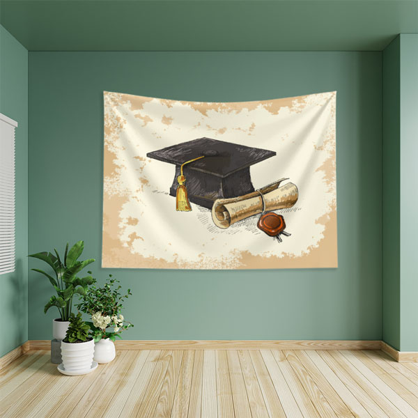 Mezuniyet Şapkası ve Diploma Temalı Vintage Duvar Örtüsü 8343