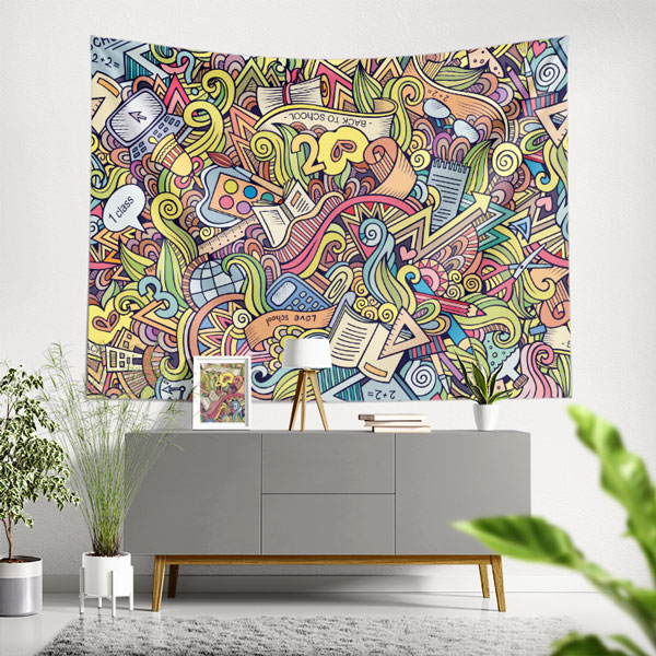 Renkli Doodles ve Okul Temalı Eğlenceli Duvar Örtüsü 8349