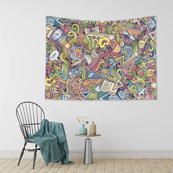 Renkli Doodles ve Okul Temalı Eğlenceli Duvar Örtüsü 8349