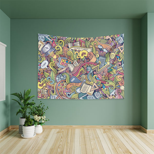 Renkli Doodles ve Okul Temalı Eğlenceli Duvar Örtüsü 8349