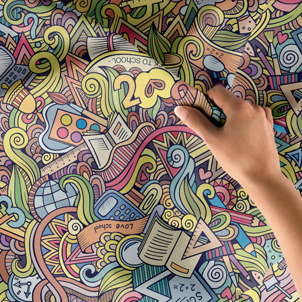 Renkli Doodles ve Okul Temalı Eğlenceli Duvar Örtüsü 8349