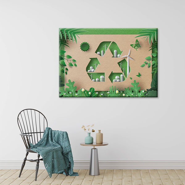Geri Dönüşüm Sembollü Şehir ve Doğa Temalı Duvar Tablosu – 10362